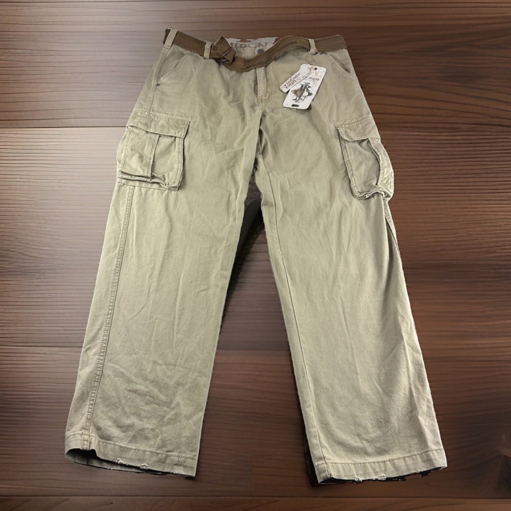 Iron Jeans Cargo Khakis Mens 38x32 Beige Vintage Twill Utility Pants w/Belt NEW
